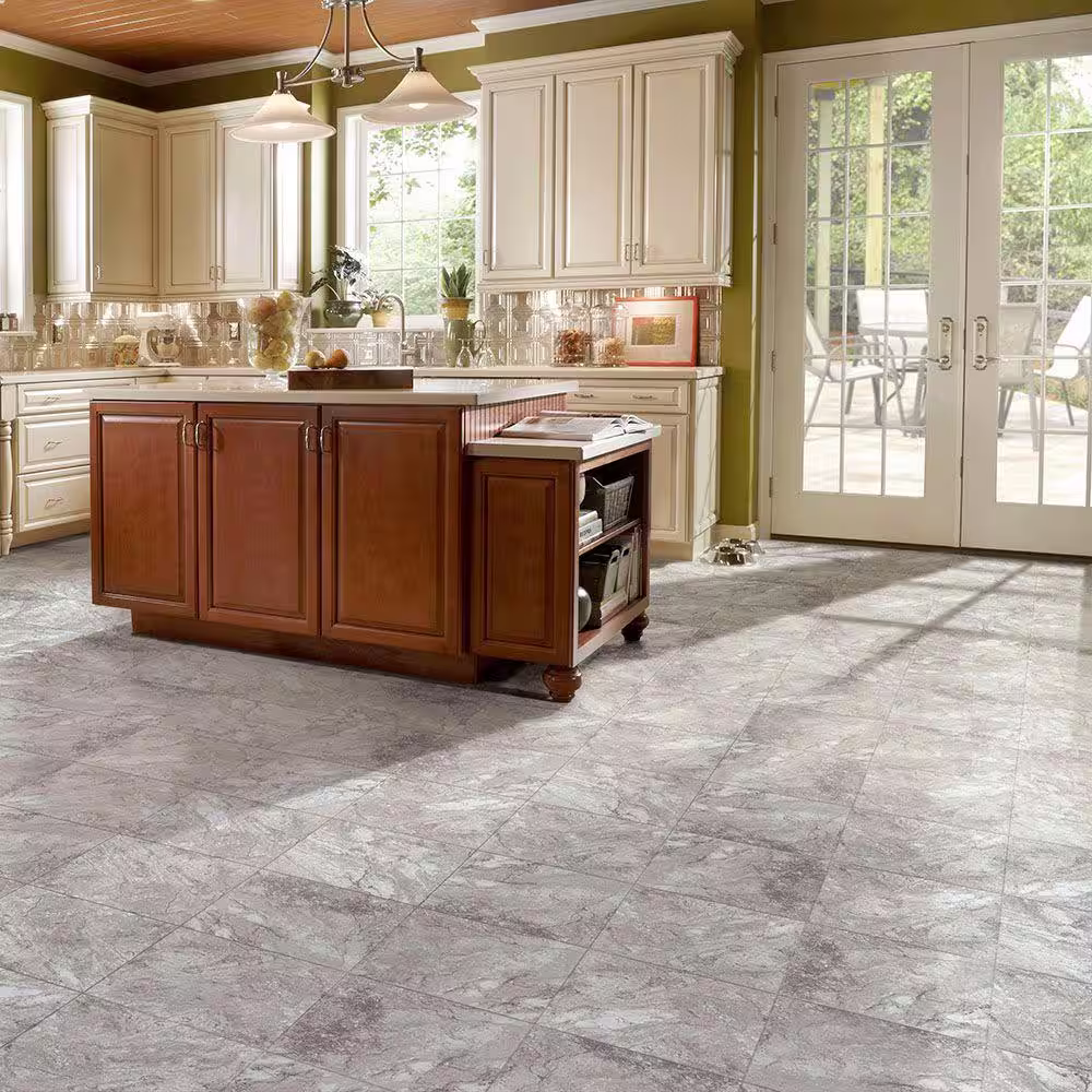 TrafficMaster Groutable White and Grey Travertine 18 in. Width x 18 in. Length Peel and Stick Vinyl Tile