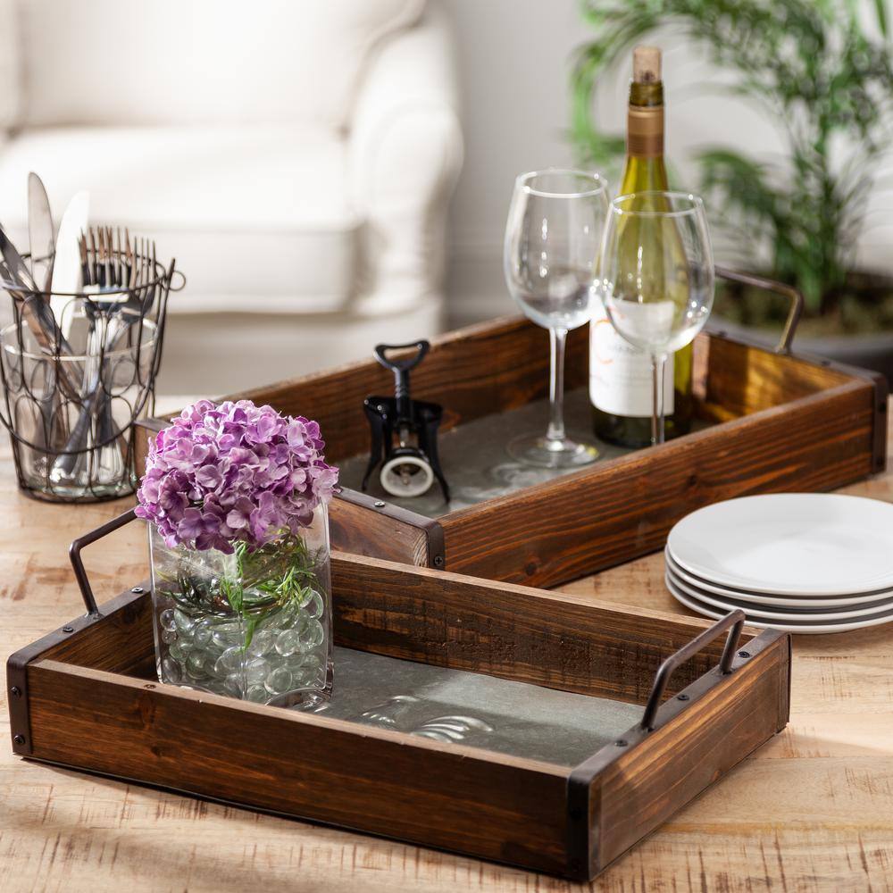GERSON INTERNATIONAL Brown Wood Trays with Metal Accents (Set of 2)