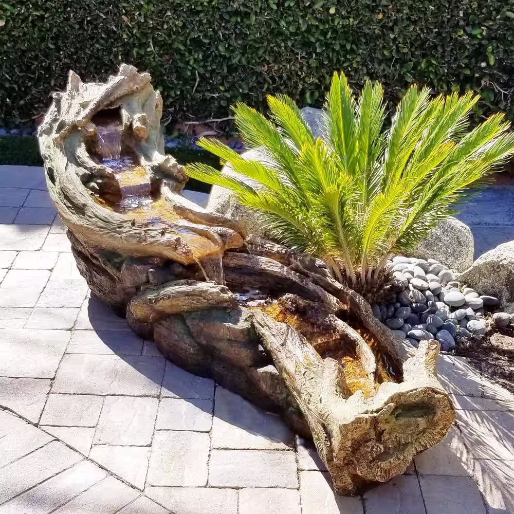 Alpine Corporation 26 in. Tall Indoor/Outdoor Wood River Log Fountain with LED Lights