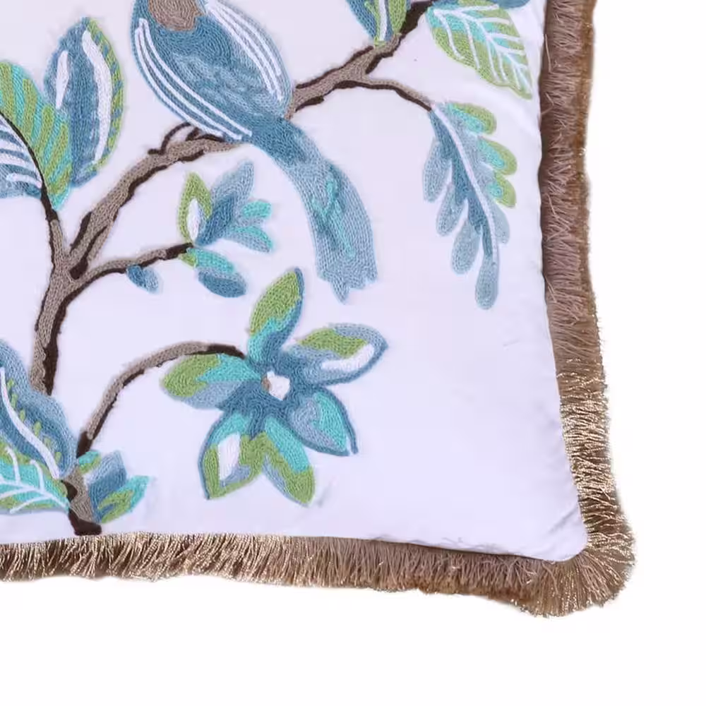 None Cressida Teal, Blue, Taupe Floral, Bird Embroidered with Fringe All Around 18 in. x 18 in. Throw Pillow