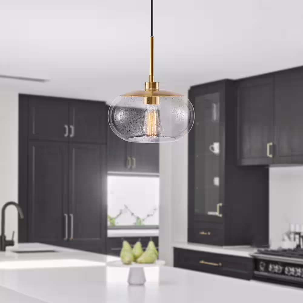 KAWOTI 1-Light Modern Antique Brass Pendant Light with Seeded Glass Shade