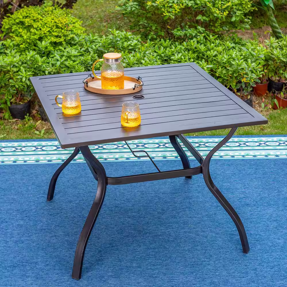 None Black 5-Piece Metal Slat Square Table Patio Outdoor Dining Set with Red Textilene Chairs
