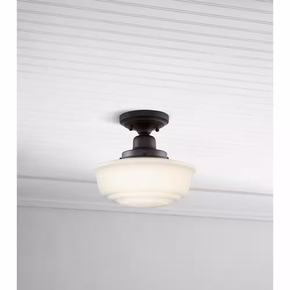 Hampton Bay Belvedere Park 10.625 in. 1-Light Espresso Bronze Schoolhouse Round Semi Flush Mount, Farmhouse Ceiling Light