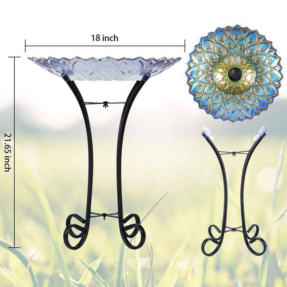 None Outdoor Solar Peacock Blue Geometric Birdbath with Metal Stand