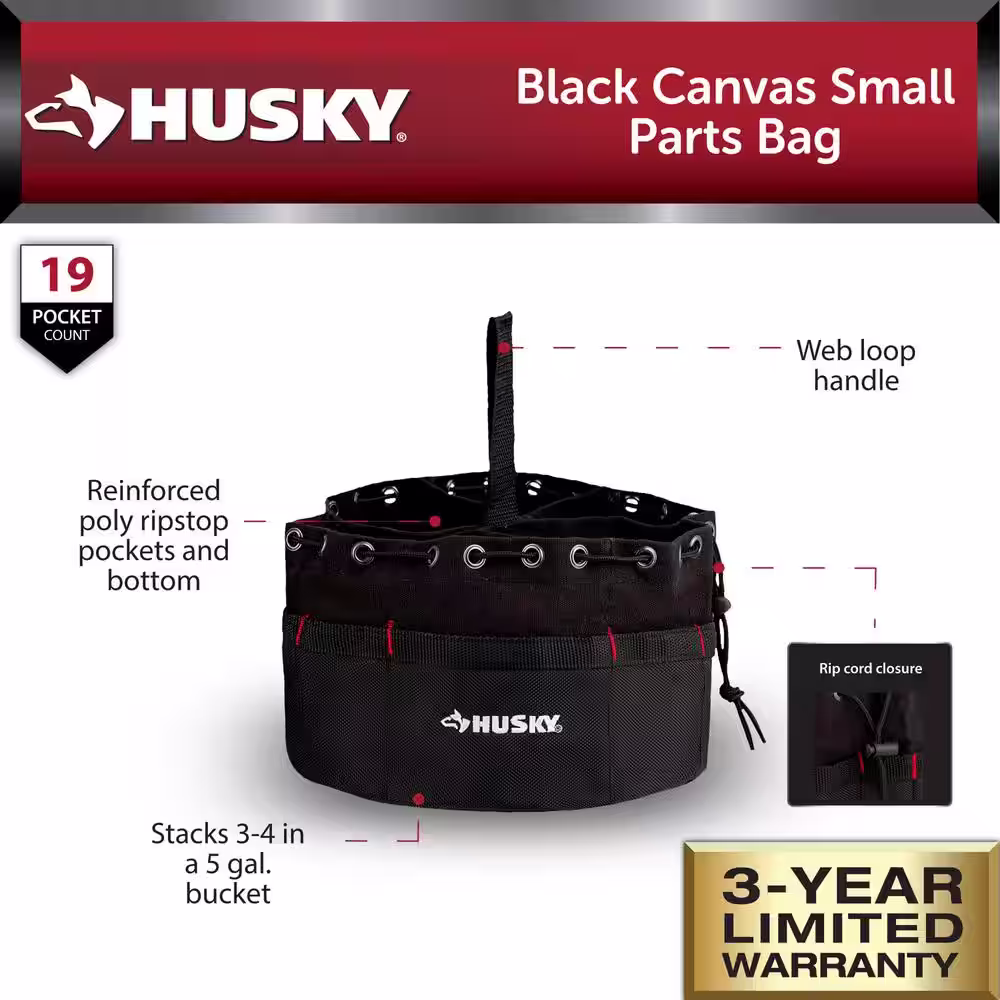 Husky 10 in. 19-Compartment Heavy-Duty Canvas Small Parts Organizer Bucket Storage Tool Pouch in Black