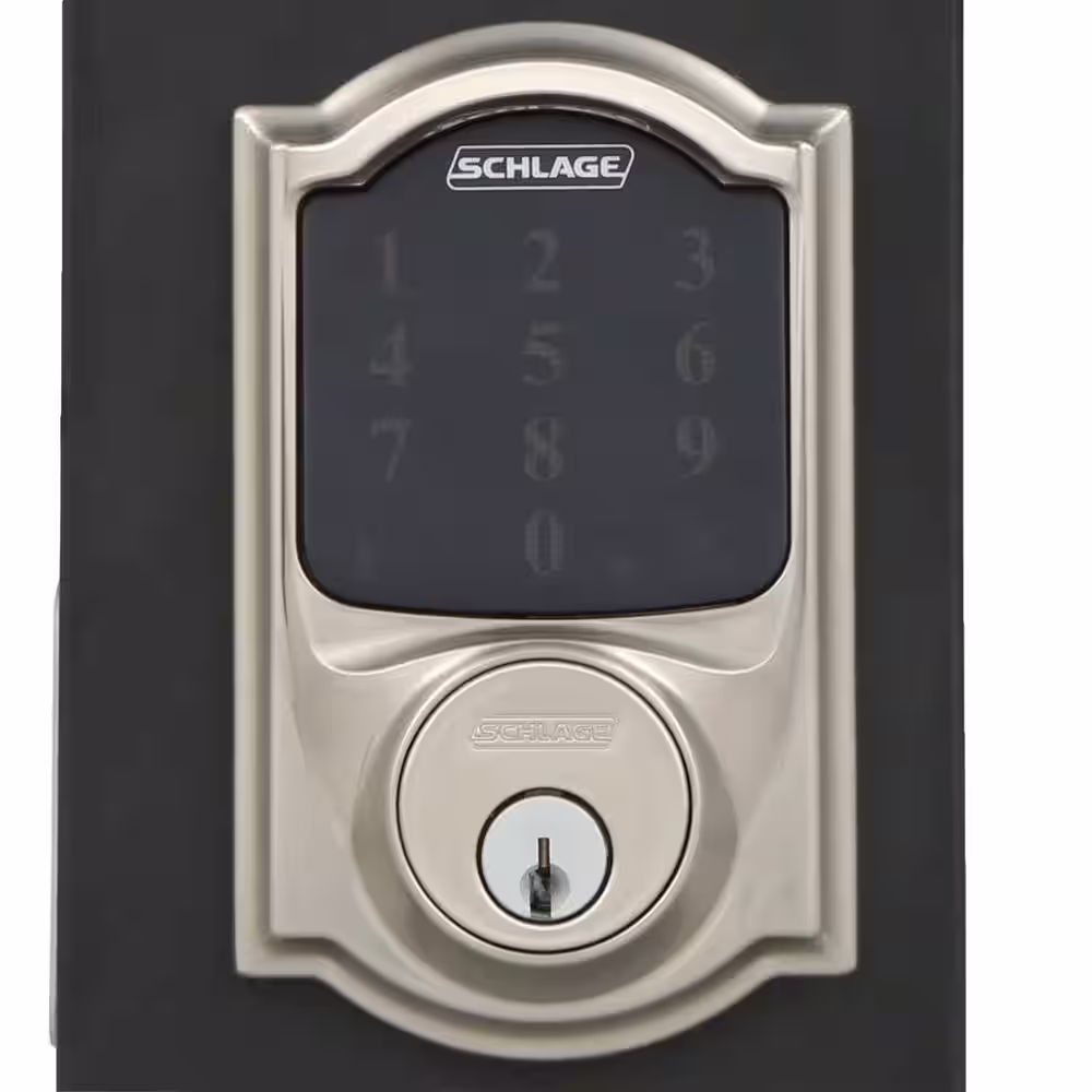 Schlage Camelot Satin Nickel Connect Z-Wave Plus Smart Wifi Deadbolt Door Lock and Accent Handle Handleset with Camelot Trim