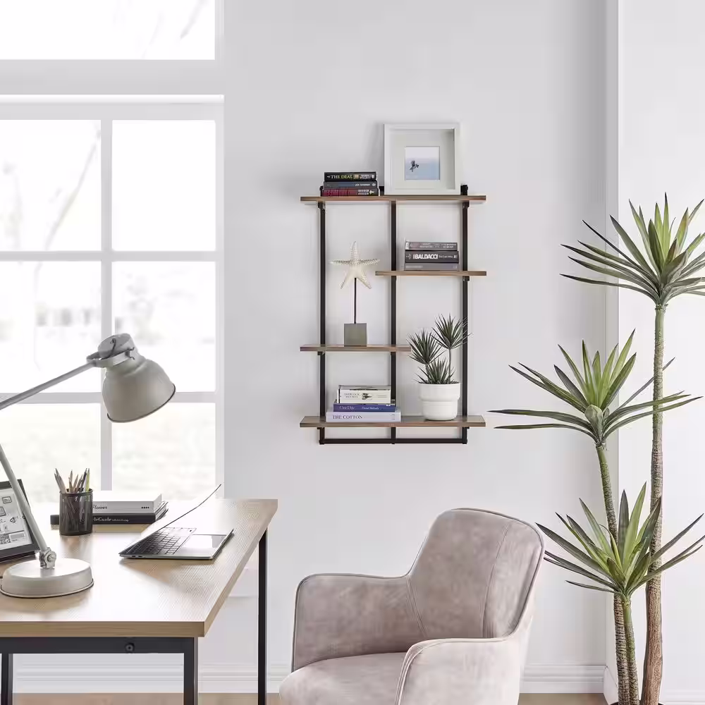 DANYA B Rhodes 34.5 in. 4-Tier Windowsill Wall Shelf with Black Metal Frame and Light Walnut MDF Shelves