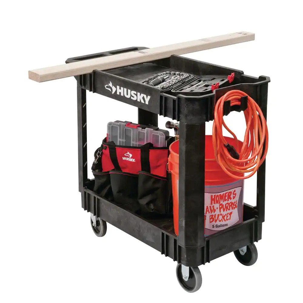Husky 2-Tier Plastic 4-Wheeled Service Cart in Black
