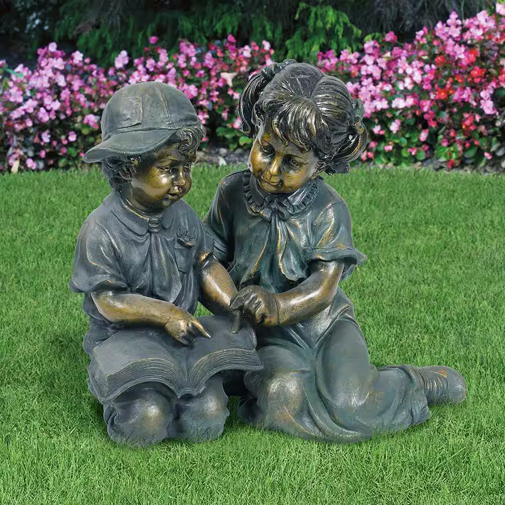Alpine Corporation 2-Piece Indoor/Outdoor Girl and Boy Reading Statue Set Yard Art Decoration