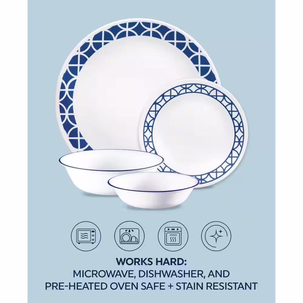Corelle Cobalt Circles 16-Piece Vitrelle Glass Dinnerware Set (Service for 4) in Blue and White