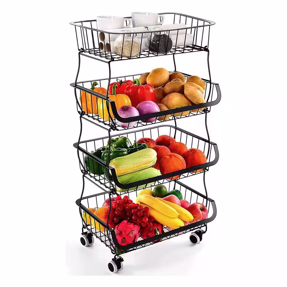 Tatayosi Fruit Vegetable Storage Basket, 4-Tier Stackable Metal Wire Storage Baskets with Wheels