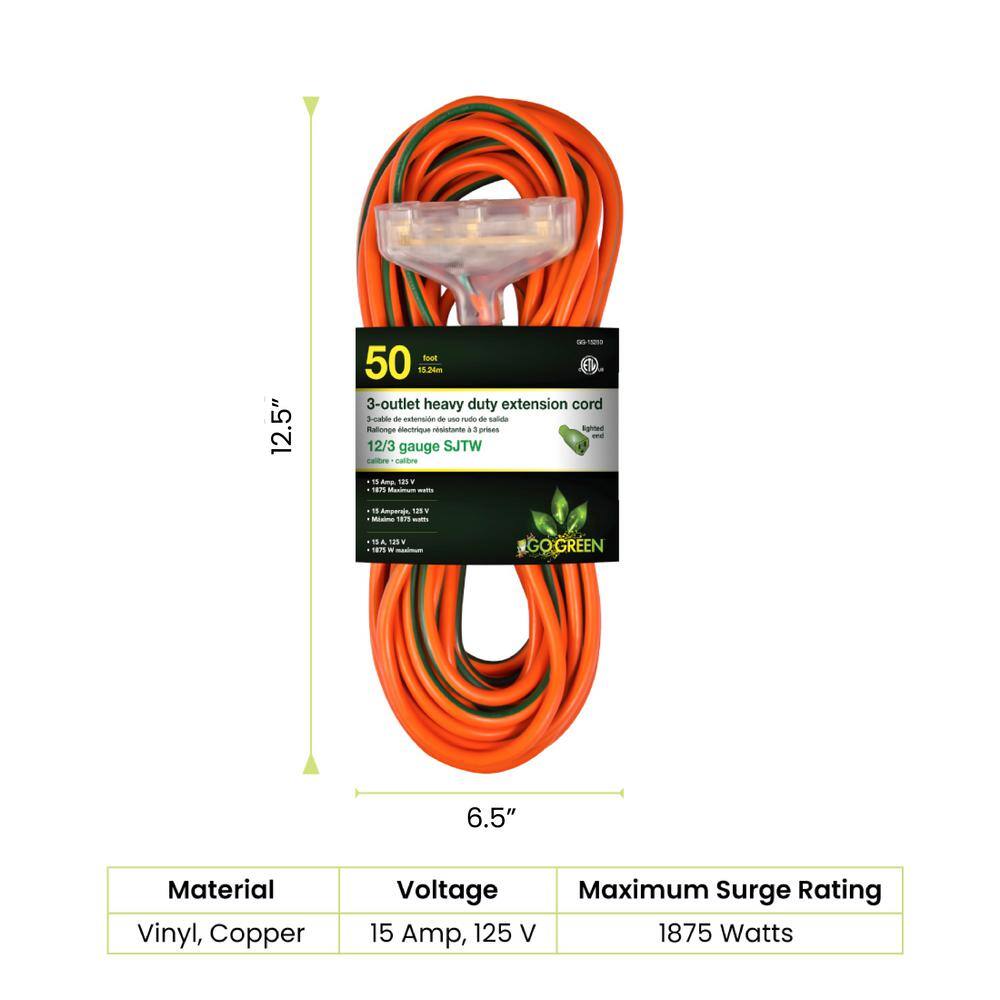 GoGreen Power 50 ft. 3-Outlet 12/3 Heavy Duty Extension Cord - Orange