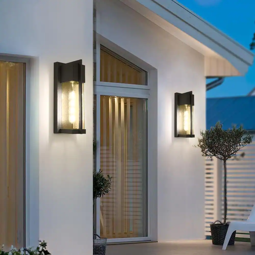 Maxax Montpelier Black/Sand Black 13'' H Hardwired Water Glass Outdoor Wall Lantern Sconce with Dusk to Dawn (Set of 2)