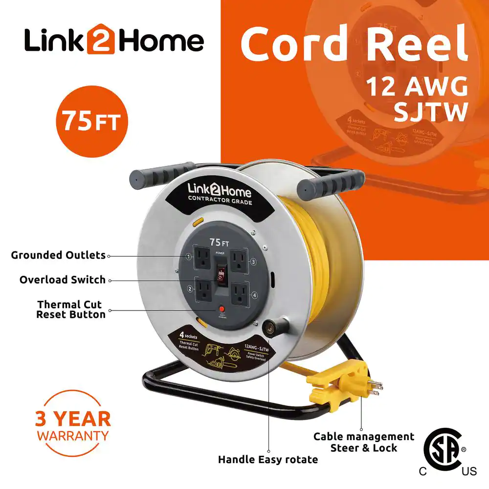 Link2Home 75 ft. 12/3 Extension Cord Storage Reel with 4 Grounded Outlets and Overload Circuit Breaker