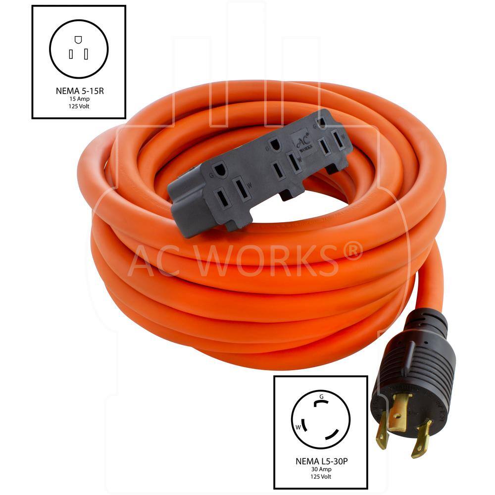 AC WORKS 25 ft. L5-30P 30 Amp 3-Prong Generator Locking Plug to Household Tri-Outlets Extension Cord