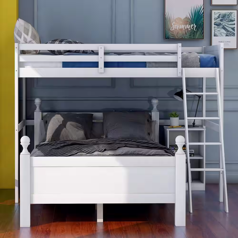 Harper & Bright Designs White Twin Over Full Loft Bed with Cabinet