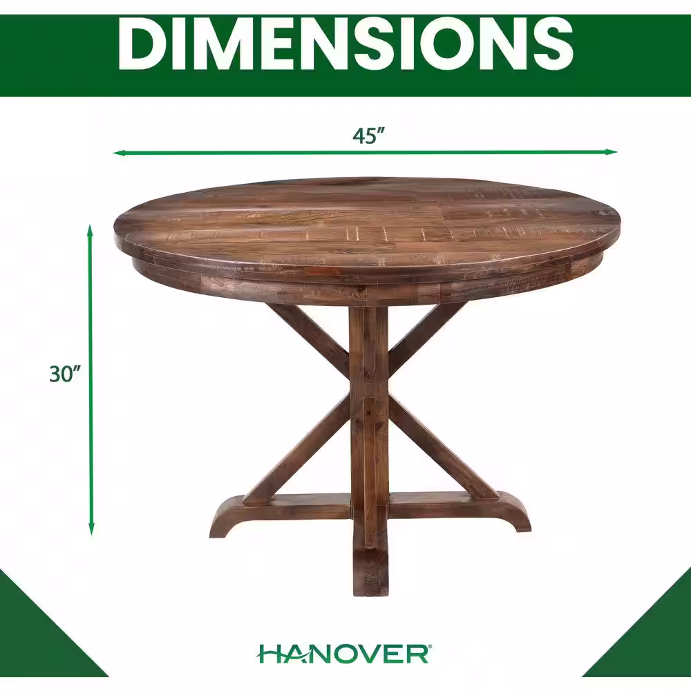 Hanover Annecy 5-Piece Natural Mango Wood Dining Set: 45 in. Round Table with Trestle Base and 4-Chairs
