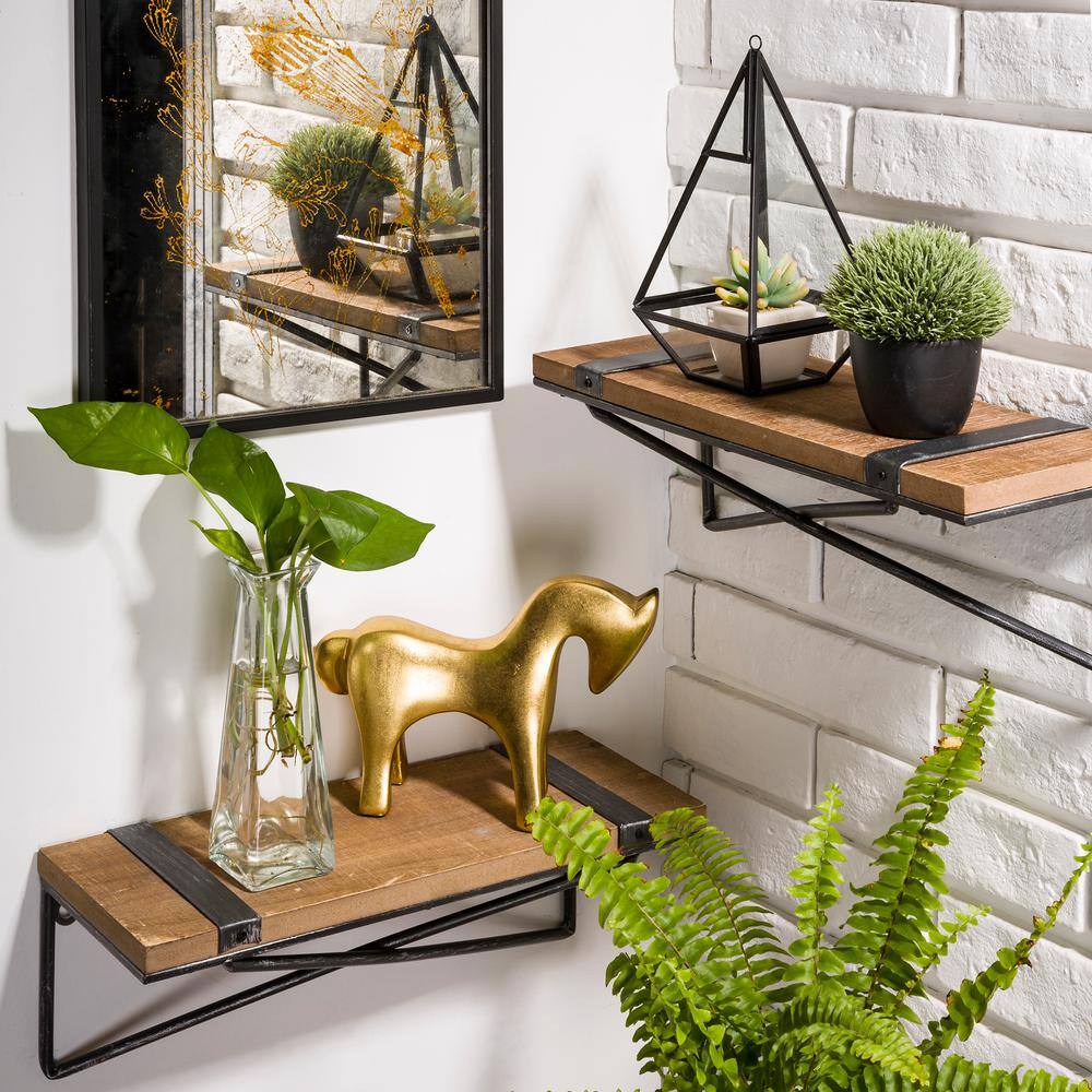 Glitzhome Rustic Farmhouse Metal Wooden Wall Shelf (Set of 2)