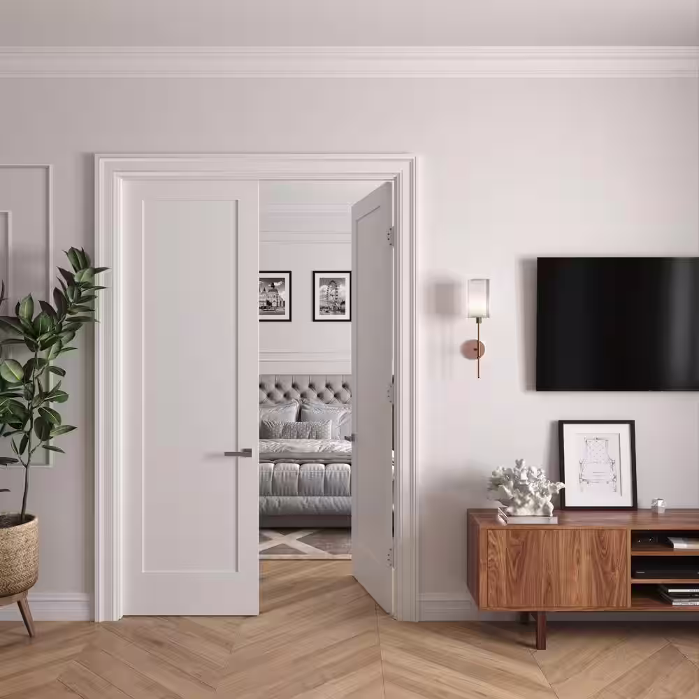RESO 60 In. x 96 In.Bi-Parting Solid Core Primed White Composite Double Pre-hung French Door Catch Ball Satin Nickel Hinges