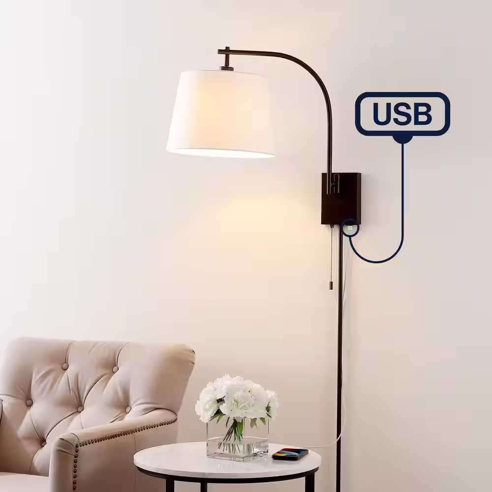 JONATHAN Y Gosling 22.5 in. 1-Light Oil Rubbed Bronze Plug-In/Hardwired Iron Gooseneck Swing Arm Wall Sconce Pull-Chain & USB Port