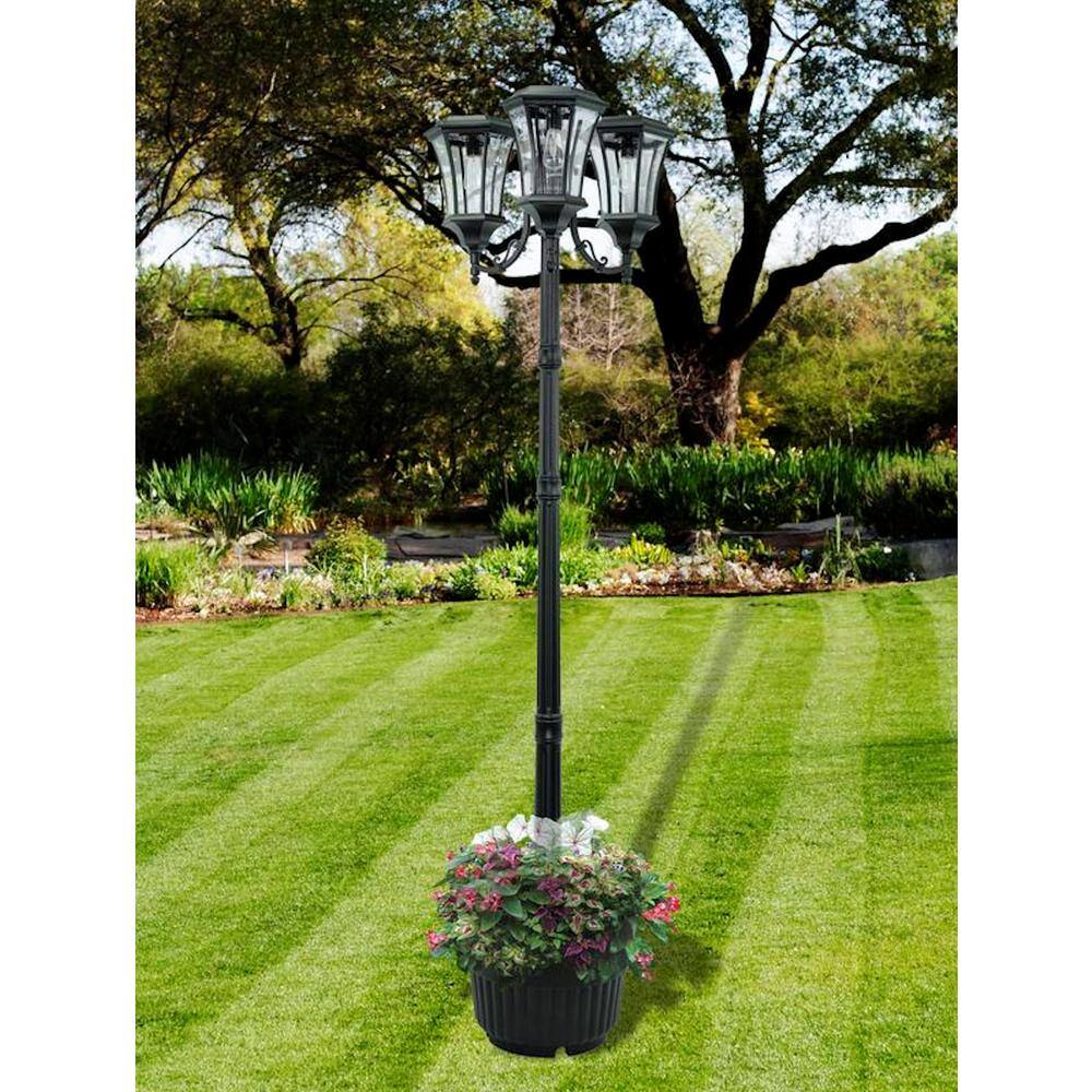 SunRay Avalon 84 in. 3-Head Black Outdoor Solar Lamp Post and Planter