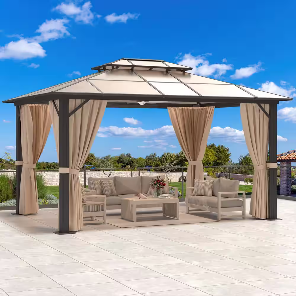 None 10 ft. x 13 ft. Patio Double Polycarbonate Roof Hardtop Outdoor Gazabo with Netting and Curtain for Backyard and Garden