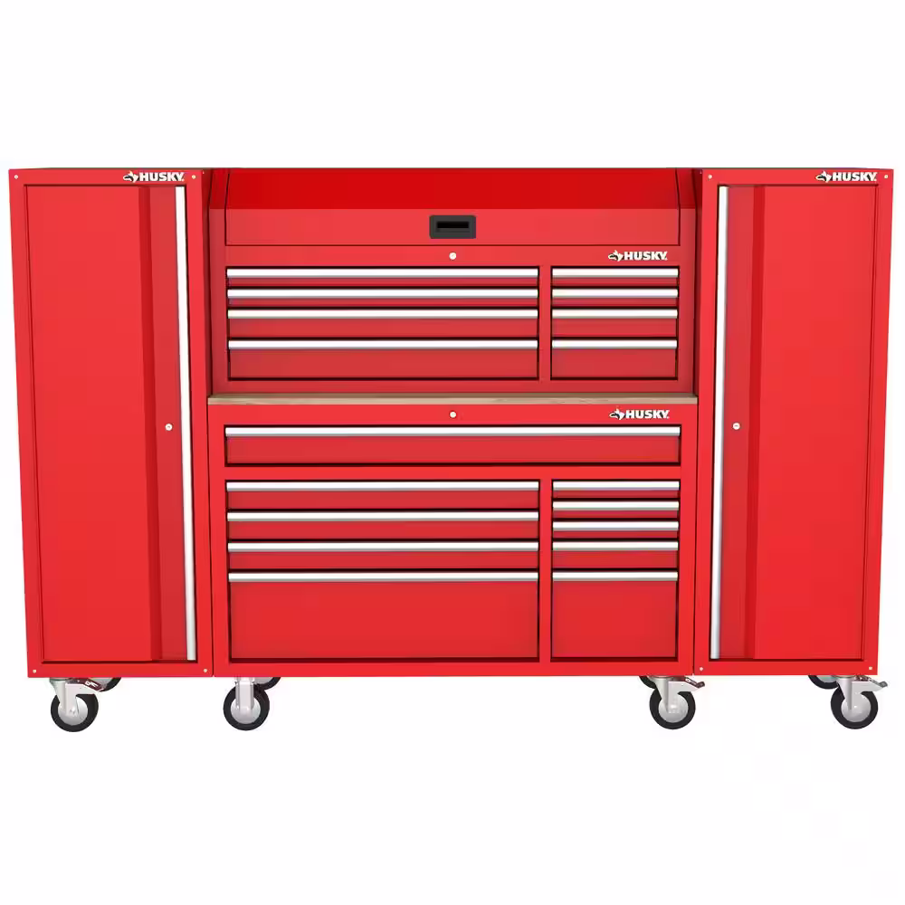 Husky Modular 92 in. W 10-Drawer Red Mobile Workbench Cabinet  with 8-Drawer Top Tool Chest and (2) 20 in. Side Lockers