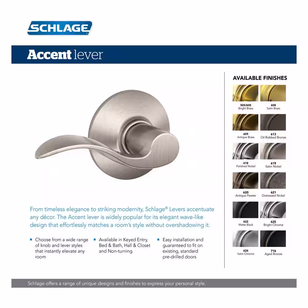 Schlage Accent Satin Nickel Left Handed Dummy Door handle with Camelot Trim