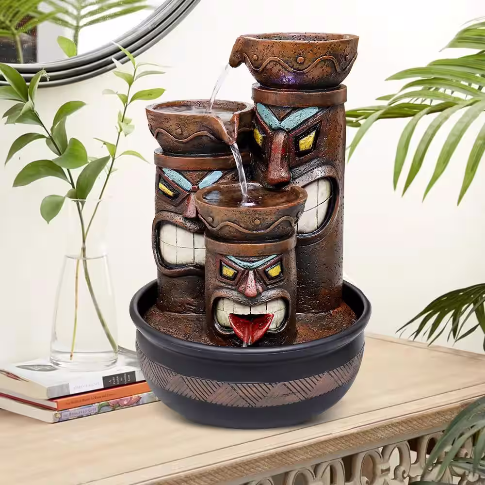 None 15.5 in. Resin Indoor Tabletop Fountains Tiki 4 Bowls Cascading Indoor Waterfall Feature with LED Light for Home Decor