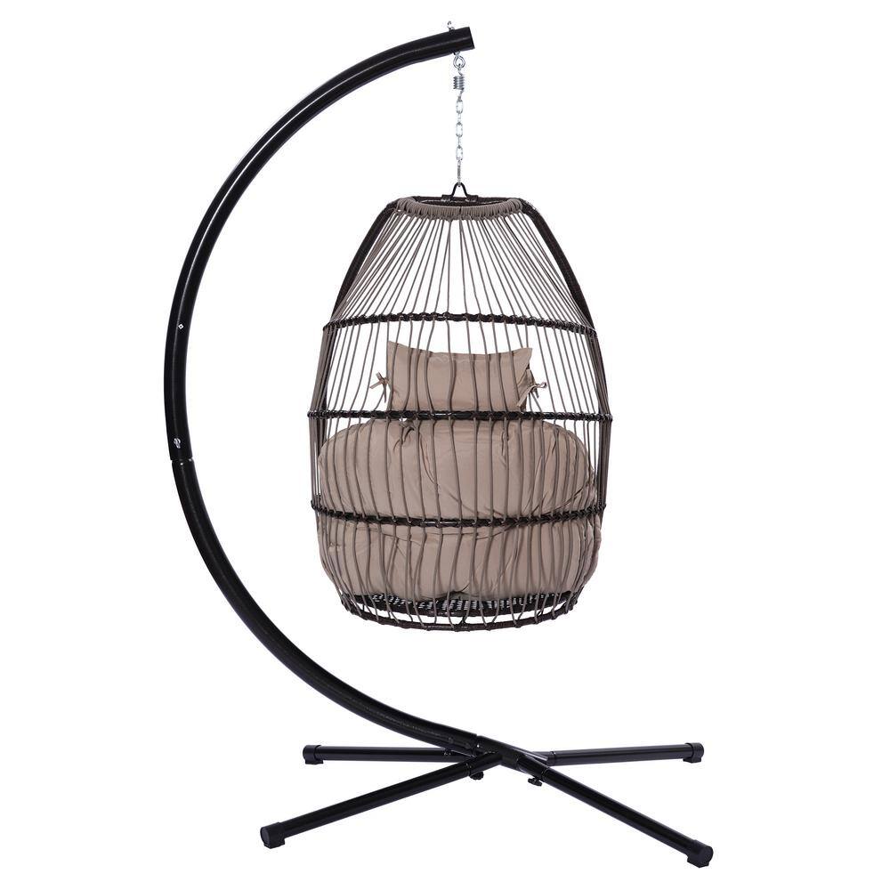 maocao hoom 3.75 ft. Black Wicker Outdoor Patio Folding Hanging Chair Hammock Egg Chair with Brown Cushion