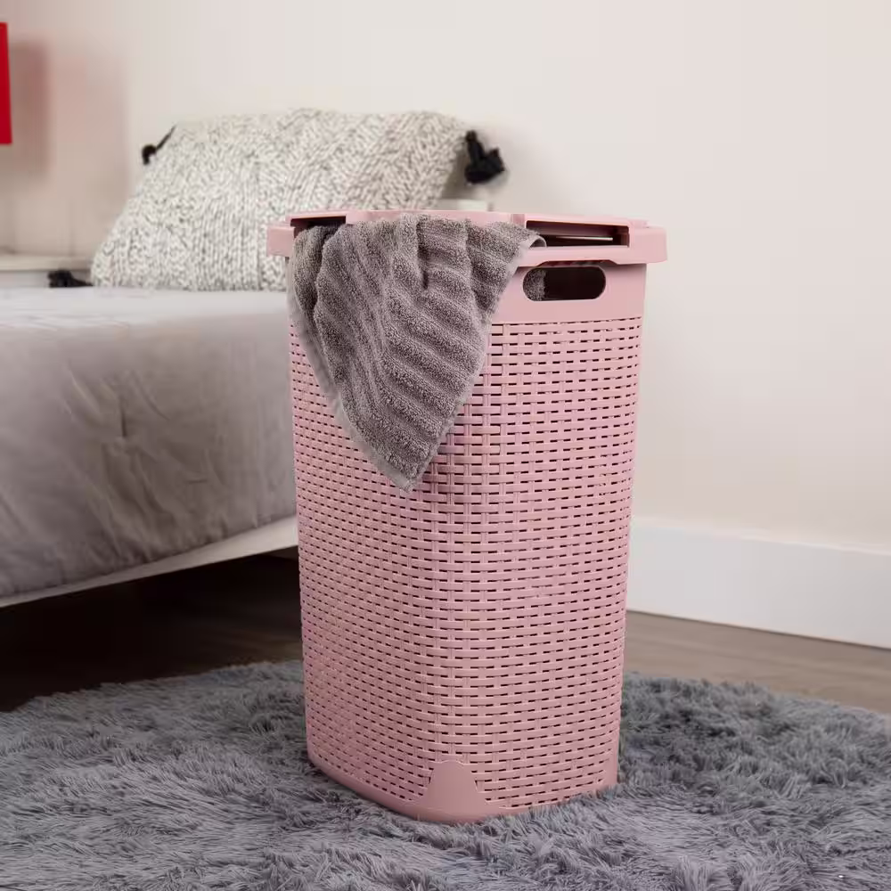 Mind Reader Basket Collection 60 Liter (15kg/33lbs) Capacity Laundry Hamper, Cut Out Handles, Attached Hinged Lid, Pink