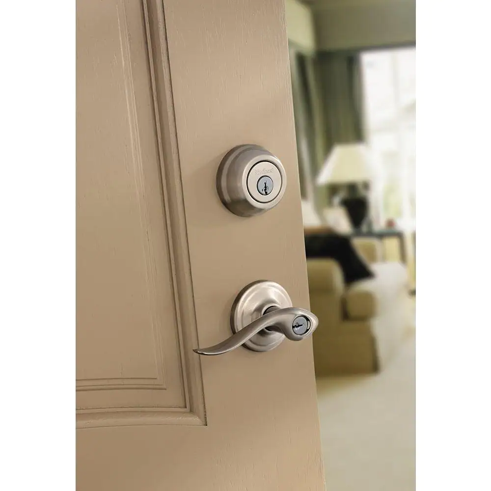 Kwikset Tustin Satin Nickel Exterior Entry Door Handle and Single Cylinder Deadbolt Combo Pack Featuring SmartKey Security