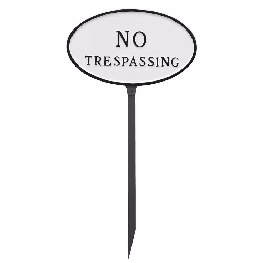 Montague Metal Products 8.5 in. x 13 in. Standard Oval No Trespassing Statement Plaque Sign with 23 in. Lawn Stake, White with Black Lettering