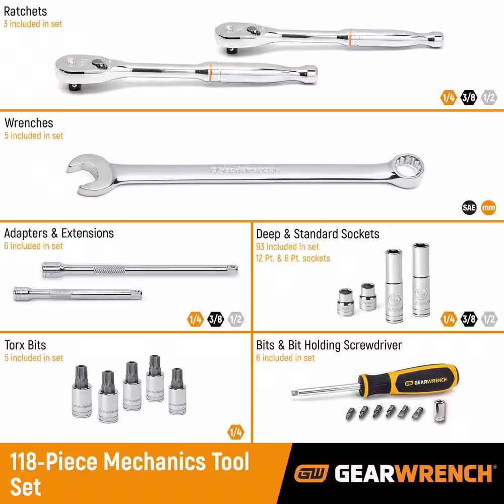 GEARWRENCH 1/4 in., 3/8 in. and 1/2 in. Drive Standard and Deep SAE/Metric Mechanics Tool Set (118-Piece)