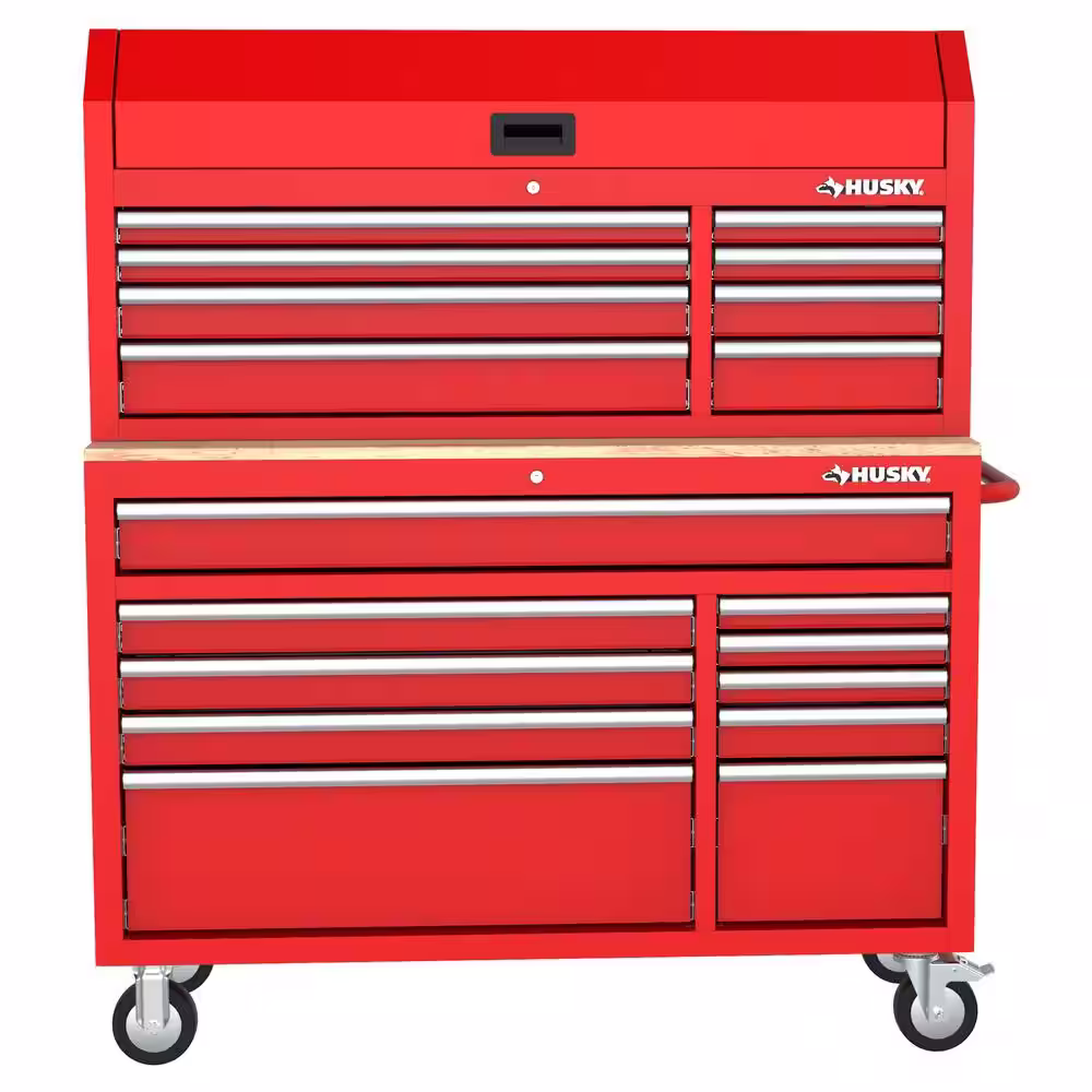 Husky Modular 52 in. W 10-Drawer Red Mobile Workbench Cabinet  with 52 in. 8-Drawer Top Tool Chest