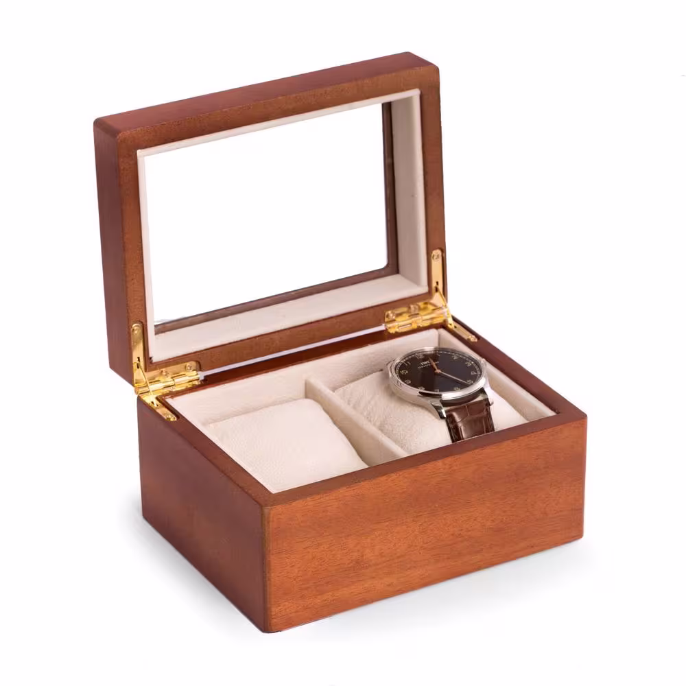 BEY-BERK Cherry Wood 2-Watch Box with Glass Top, Velour Lining and Pillows