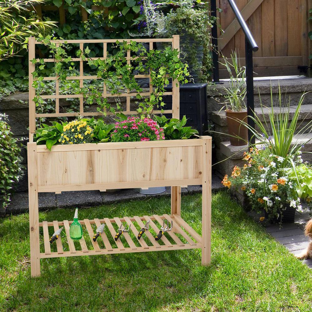 HONEY JOY 48 in. x 23 in. x 63 in. Wood Raised Garden Bed with Trellis Elevated Planter Box with Bed Liner Bottom Storage Shelf