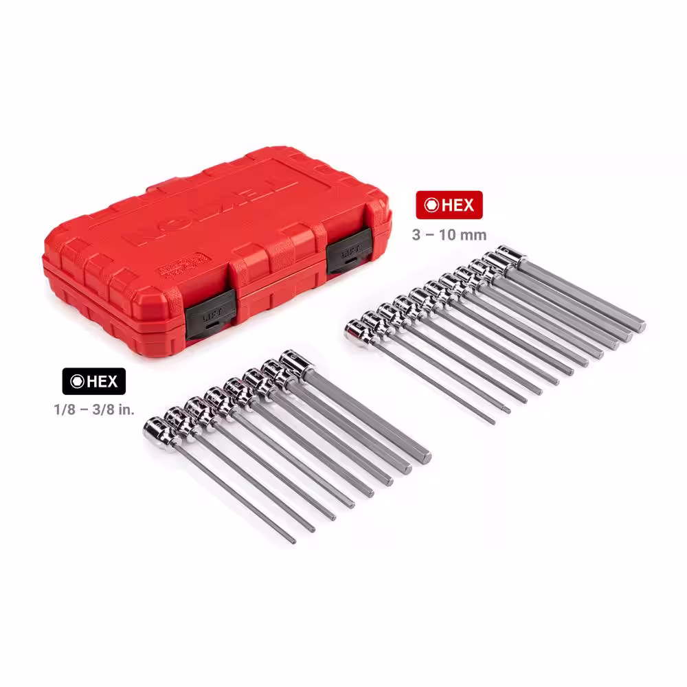 TEKTON 3/8 in. Drive Long Hex Bit Socket Set, (1/8-3/8 in., 3 mm to 10 mm) (19-Piece)
