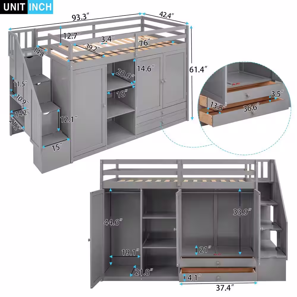 Harper & Bright Designs Gray Functional Loft Bed with 3 Shelves, 2 Wardrobes and 2 Drawers, Staircase with Storage