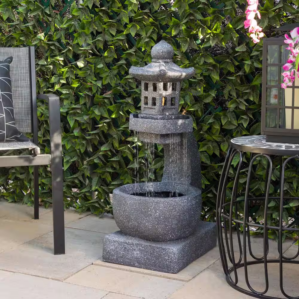 Alpine Corporation 31 in. H Outdoor Tranquil Zen Pagoda Fountain with LED Lights, Gray