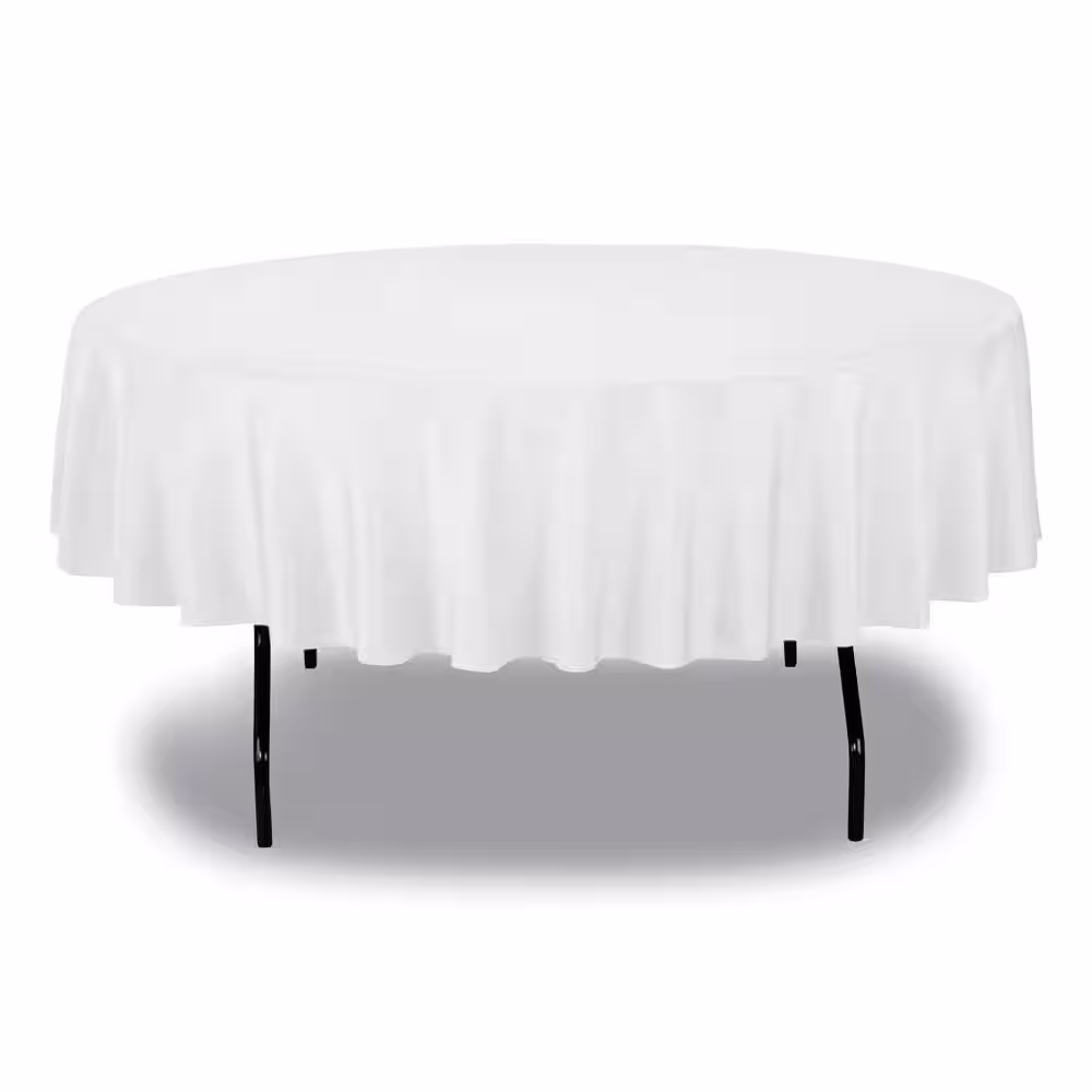 Tablemate White Disposable Plastic Table Set Round Table Covers, 84 in. Diameter (6 Per Pack)