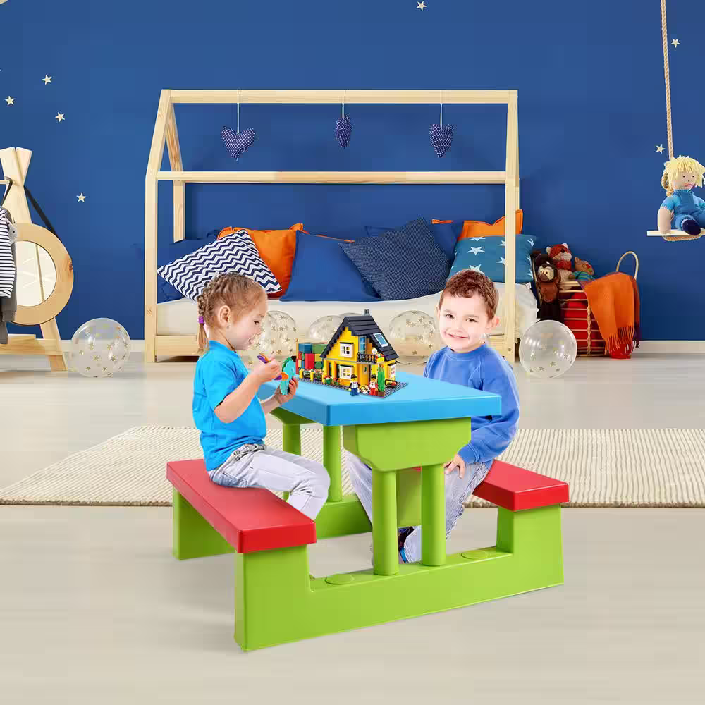 None Kids Rectangualr Plastic Outdoor Picnic Table with Bench and Umbrella