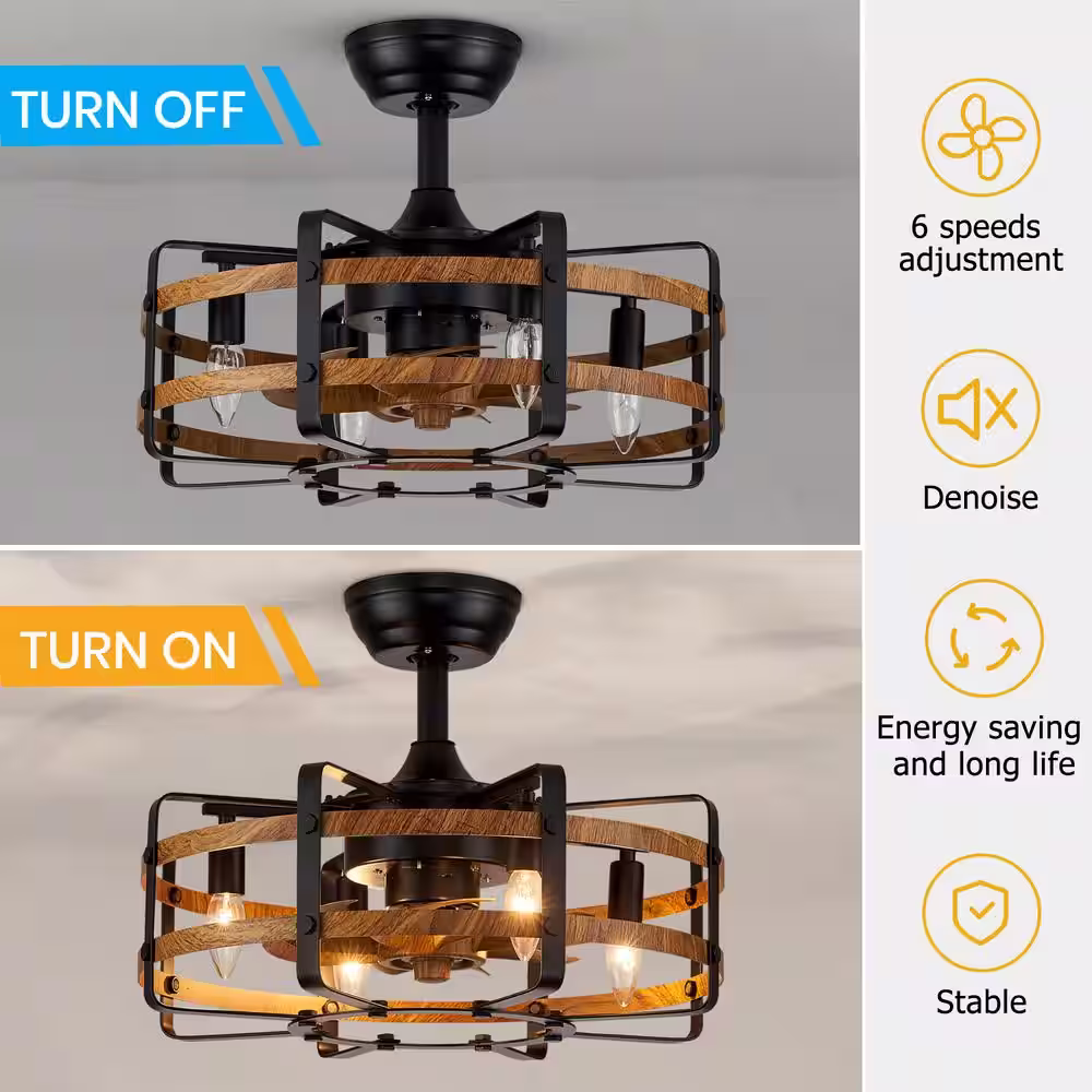 None 20 in. 4-Light Indoor Farmhouse Black Caged Ceiling Fan with Light Wood Grain Enclosed Ceiling Fan with Remote