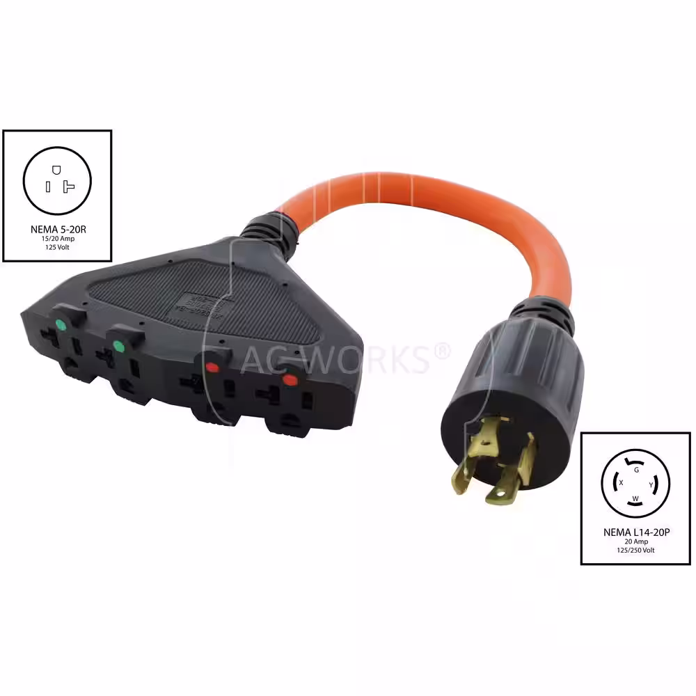 AC WORKS 1.5 ft. L14-20P Generator 4-Prong 20 Amp Plug to (4) NEMA 5-15/20R 20 Amp Household Female Connectors Cord