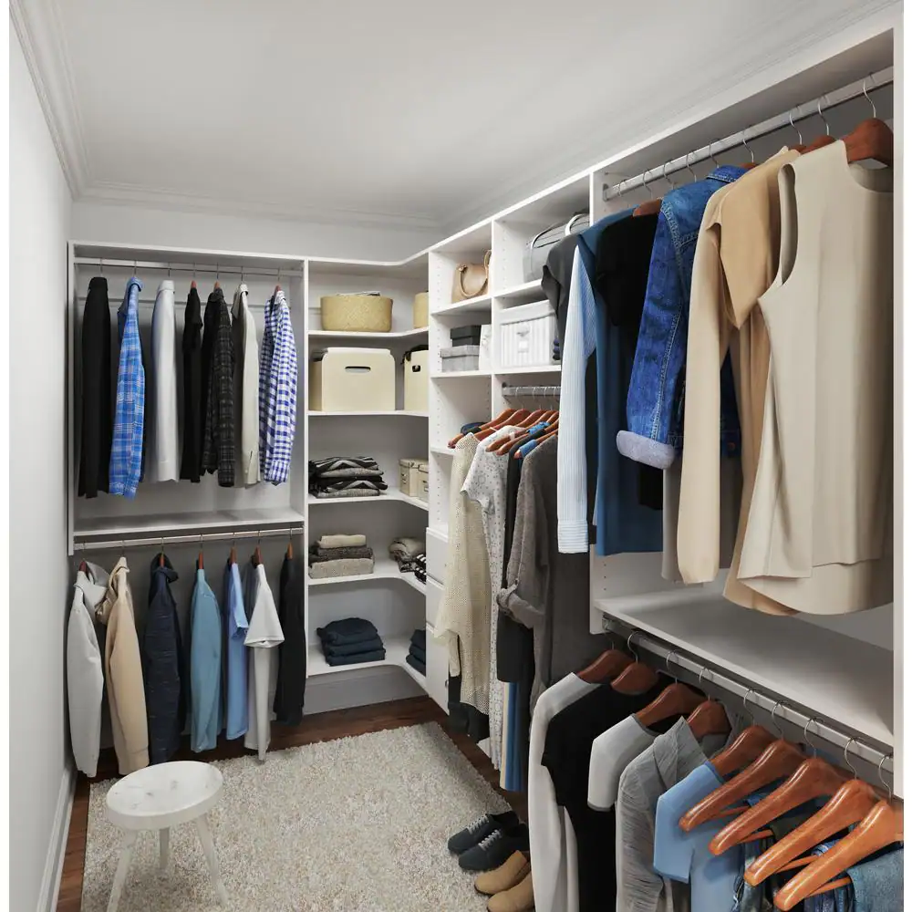 Closet Evolution Ultimate 84 in. W - 115 in. W White Corner System Wall Mount 18-Shelf Wood Closet System