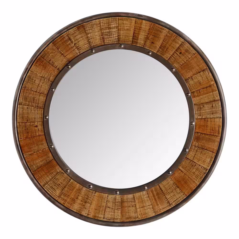 None Medium Round Farmhouse Accent Mirror with Wood Finish (31 in. Diameter)