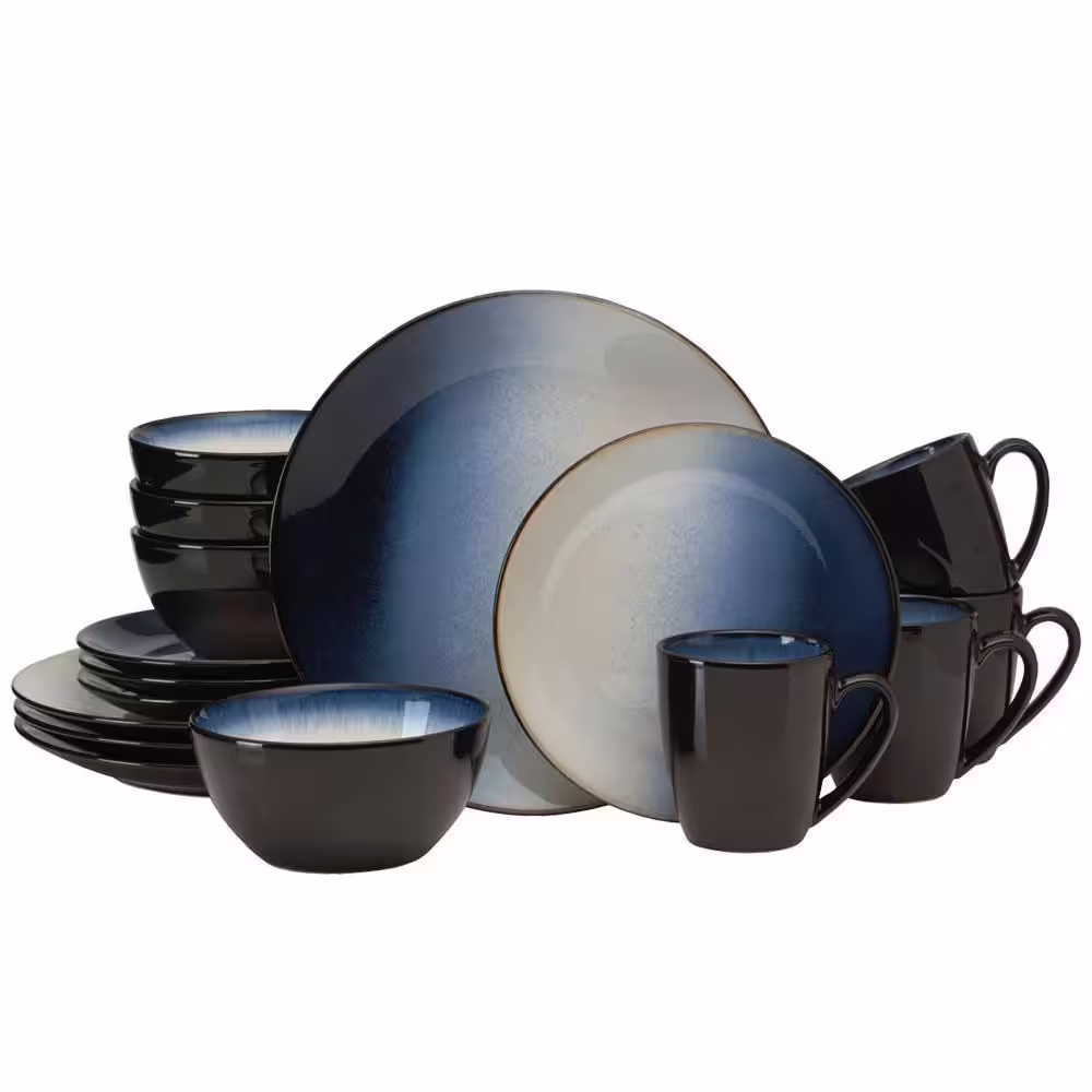 Gourmet Basics by Mikasa Asher 16-Piece Modern Blue Stoneware Dinnerware Set (Set for 4)