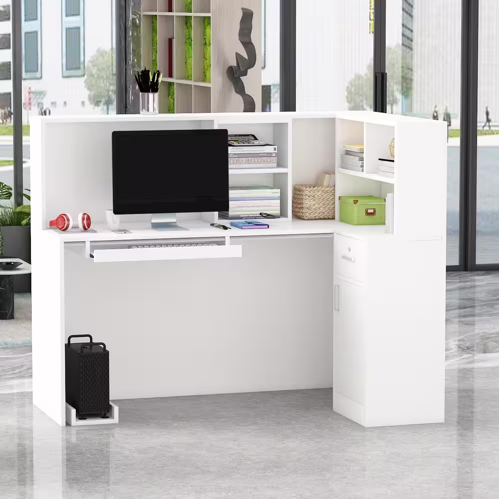 FUFU&GAGA 55.9 in. L Shaped White Wood Executive Desk Reception Desk Computer Writing Desk W/Removable Shelves, Drawer, Cabinet