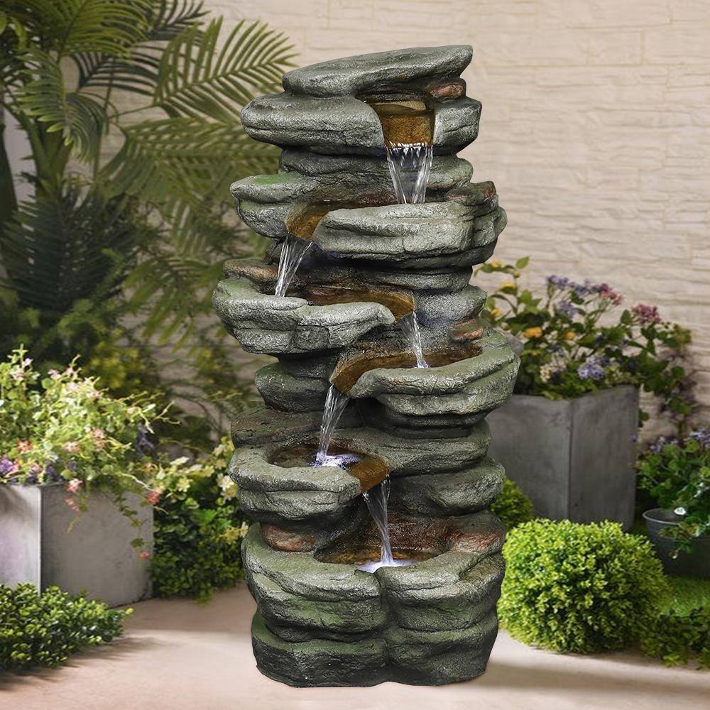 Watnature 30.7 in. Resin Fiber Outdoor Waterfall Fountain, Faux Tiered LED Lights Floor Fountain with Quiet Submersible Pump
