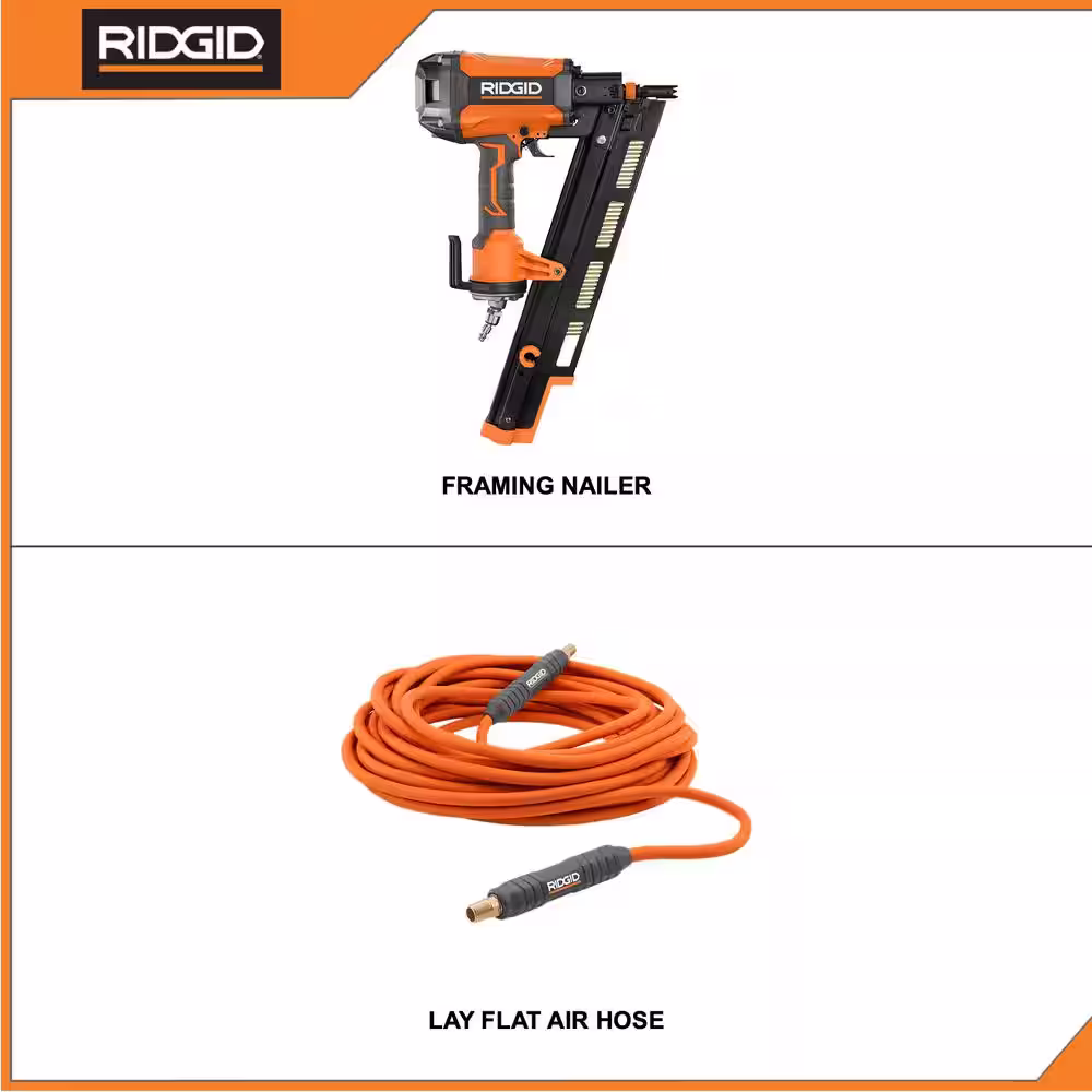 RIDGID Pneumatic 21-Degree 3-1/2 in. Round Head Framing Nailer with 1/4 in. 50 ft. Lay Flat Air Hose
